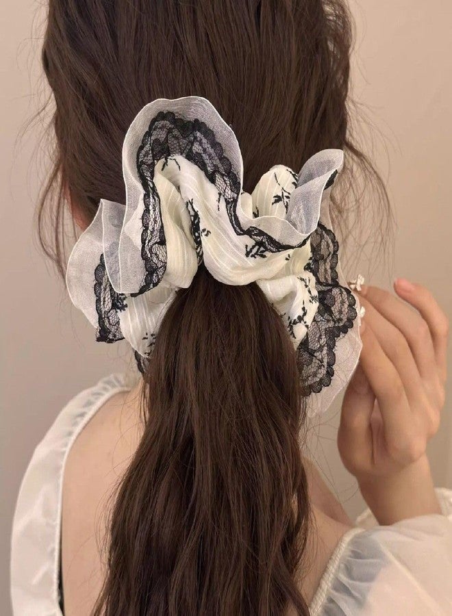 TUCEWP Scrunchies for Women Girls 2Pcs White Black Organza Lace Scrunchies for Long Thick Curly Hair Ultra Soft Hair Bands Large Elegant Scrunchie Cute Ponytail Holders No Damage Elastic Hair Ties - Image 2